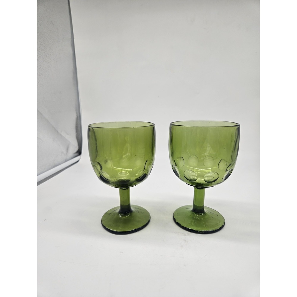 Vintage mid-century 2 Bartlett Collins avocado green glass thumbprint goblets